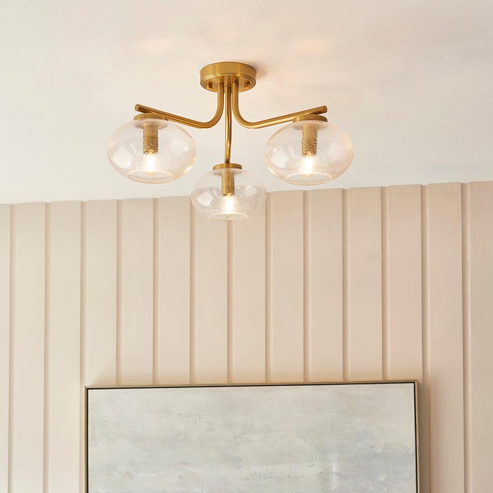 Jaffrey 3 Lights Clear Glass Semi Flush Ceiling Light In Brass