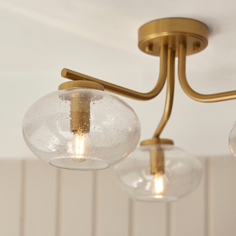 Jaffrey 3 Lights Clear Glass Semi Flush Ceiling Light In Brass