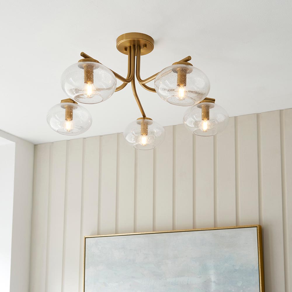 Jaffrey 5 Lights Clear Glass Semi Flush Ceiling Light In Brass