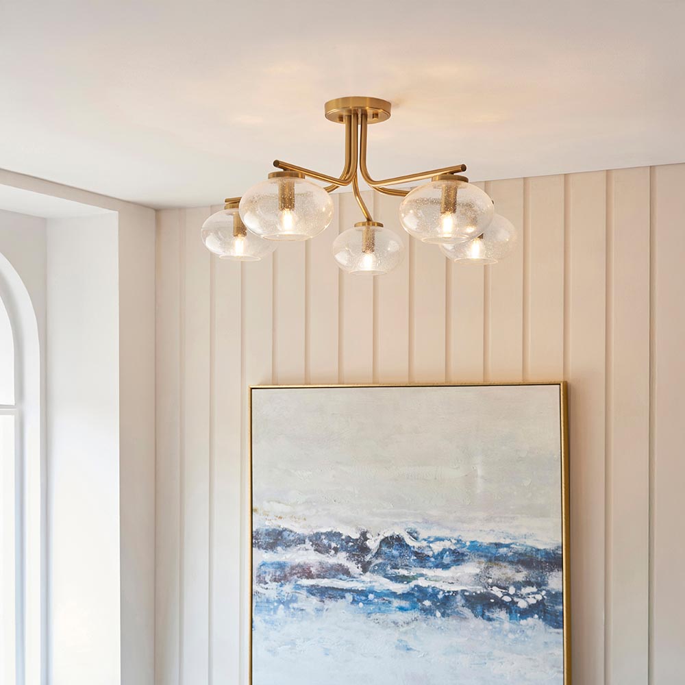 Jaffrey 5 Lights Clear Glass Semi Flush Ceiling Light In Brass