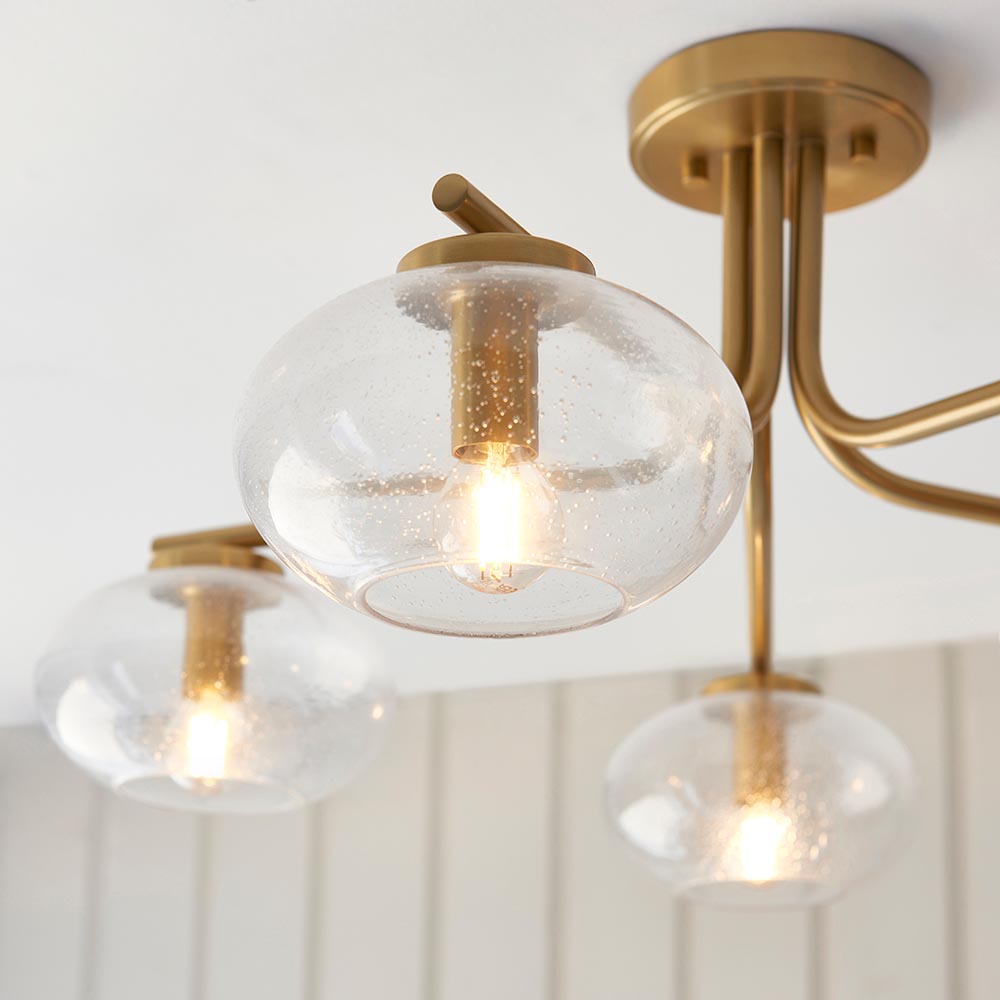 Jaffrey 5 Lights Clear Glass Semi Flush Ceiling Light In Brass