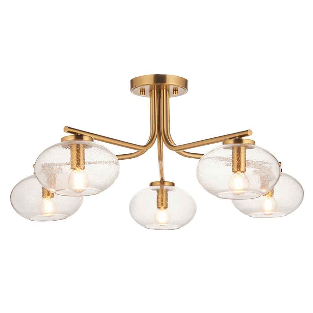 Jaffrey 5 Lights Clear Glass Semi Flush Ceiling Light In Brass