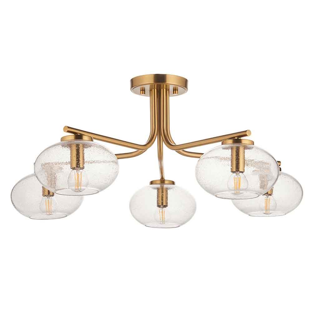 Jaffrey 5 Lights Clear Glass Semi Flush Ceiling Light In Brass