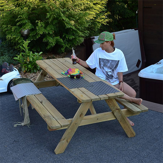 Jairo Wooden Picnic Table With 8 Seater Benches In Green Pine