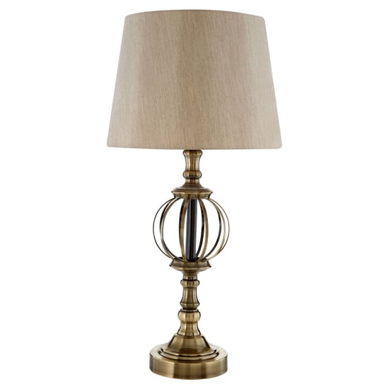 Photo of Jakaro natural fabric shade table lamp with antique brass base