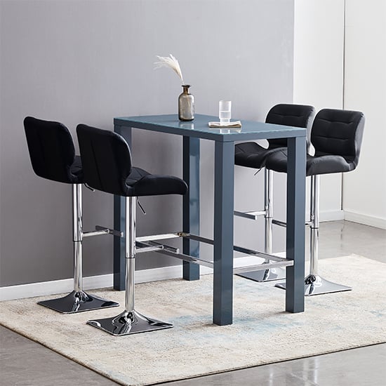 Read more about Jam rectanuglar glass grey bar table with 4 candid black stools