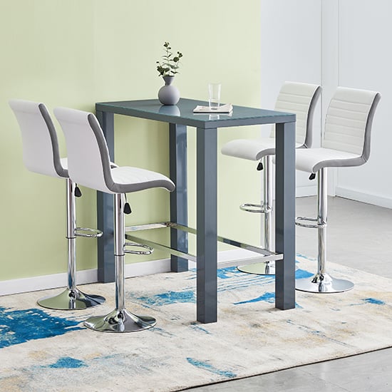 Jam Grey Gloss Glass Bar Table With 4 Ritz White Grey Stools