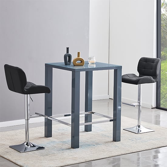 Photo of Jam square glass grey gloss bar table 2 candid black stools