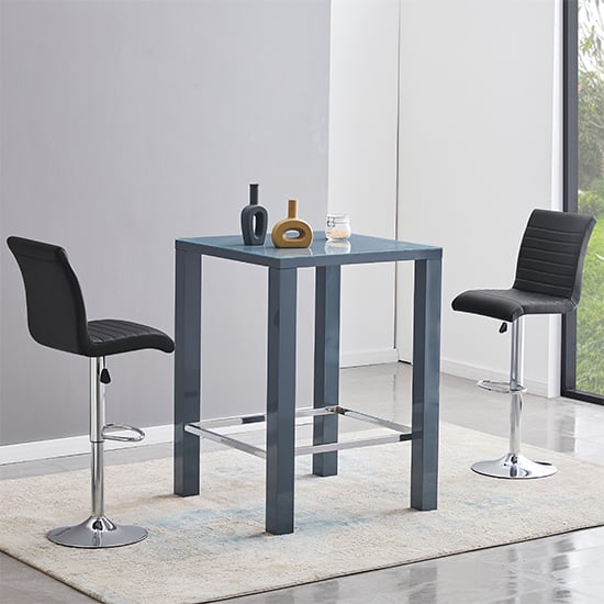 Photo of Jam square glass grey gloss bar table 2 ripple black stools