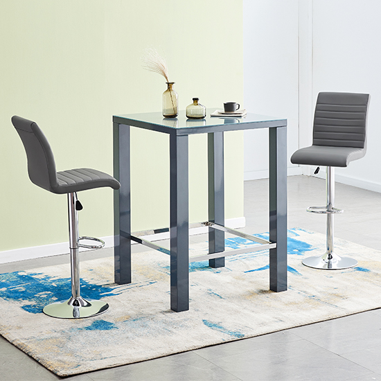 Photo of Jam square glass grey gloss bar table 2 ripple grey stools