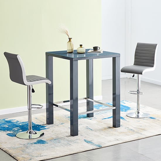 Photo of Jam square glass grey gloss bar table 2 ritz grey white stools