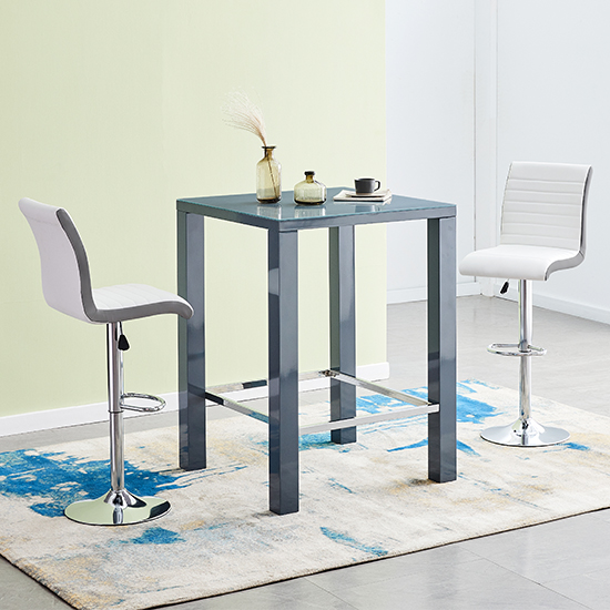 Product photograph of Jam Square Glass Grey Gloss Bar Table 2 Ritz White Grey Stools from Furniture in Fashion