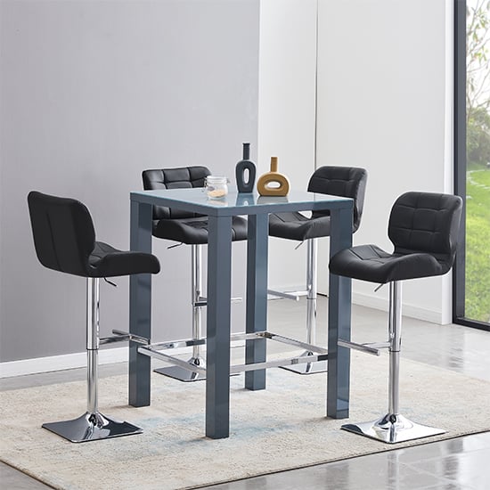 Jam Square Grey Glass Bar Table With 4 Candid Black Stools