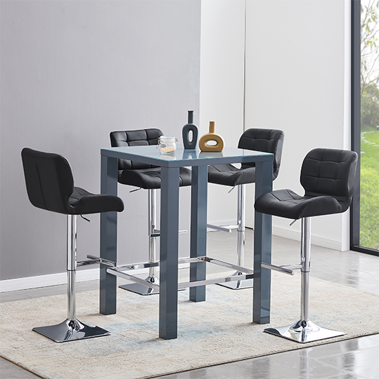 Read more about Jam square glass grey gloss bar table 4 candid black stools