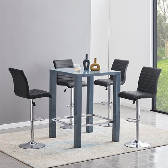 Photo of Jam square glass grey gloss bar table 4 ripple black stools