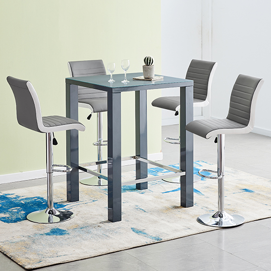 Photo of Jam square glass grey gloss bar table 4 ritz grey white stools