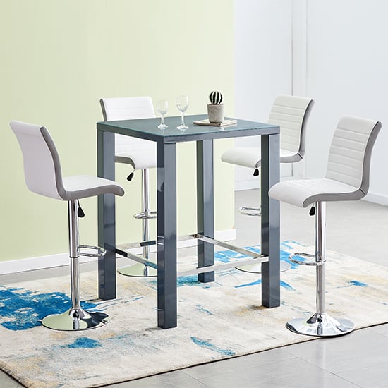 Jam Square Grey Glass Bar Table With 4 Ritz White Grey Stools