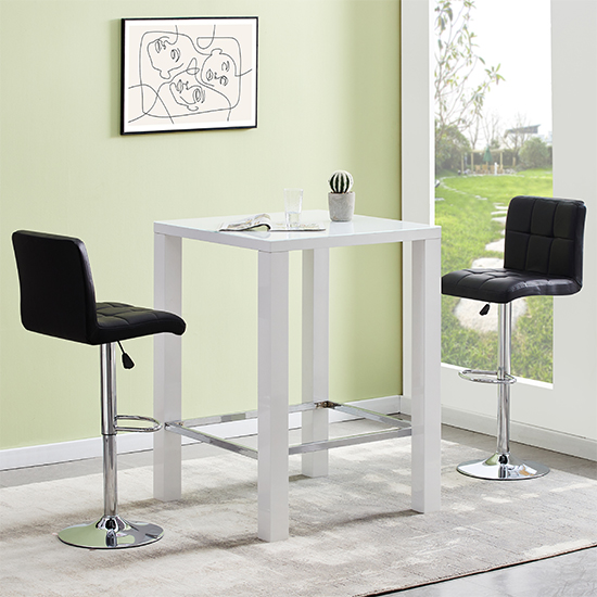 Photo of Jam square glass white gloss bar table with 2 coco black stools