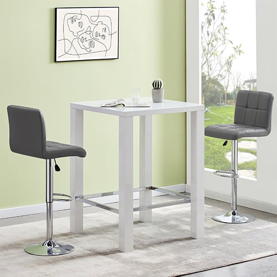 Jam Square Glass White Gloss Bar Table With 2 Coco Grey Stools