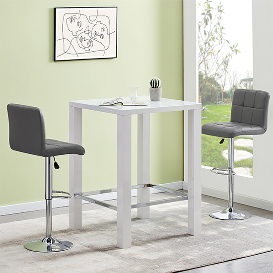 Photo of Jam square glass white gloss bar table with 2 coco grey stools