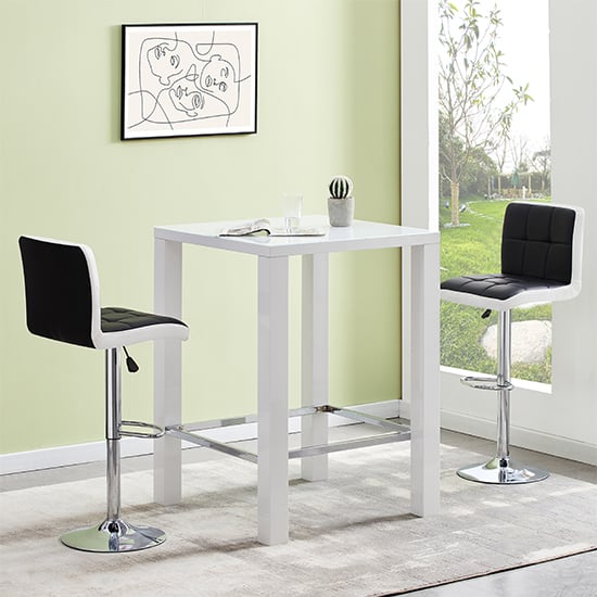 Jam Square White Glass Bar Table With 2 Copez Black White Stools