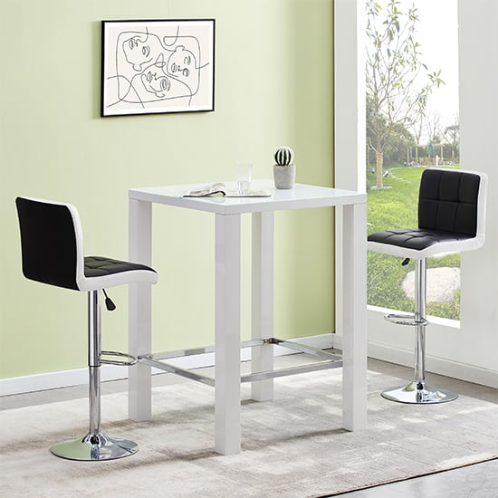 Product photograph of Jam Square Glass White Gloss Bar Table 2 Copez Black Stools from Furniture in Fashion