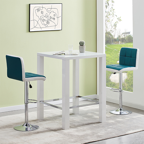 Read more about Jam square glass white gloss bar table 2 copez teal stools