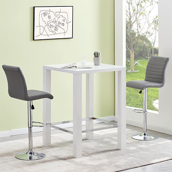Jam Square White Glass Bar Table With 2 Ripple Grey Stools