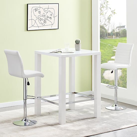 Photo of Jam square glass white gloss bar table 2 ripple white stools