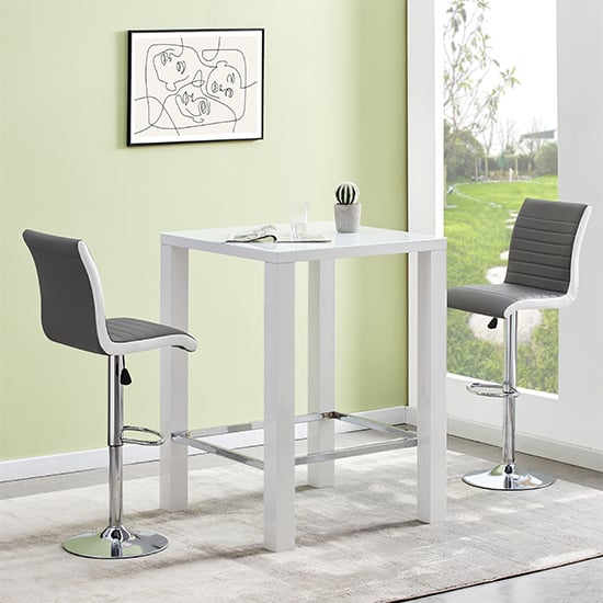 Jam Square Glass White Gloss Bar Table 2 Ritz Grey White Stools