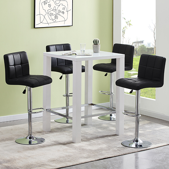 Jam Square Glass White Gloss Bar Table With 4 Coco Black Stools