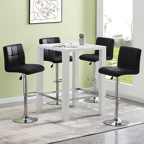 Photo of Jam square glass white gloss bar table with 4 coco black stools