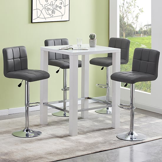 Jam Square Glass White Gloss Bar Table With 4 Coco Grey Stools_1