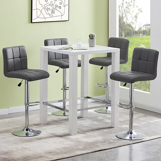 Photo of Jam square glass white gloss bar table with 4 coco grey stools