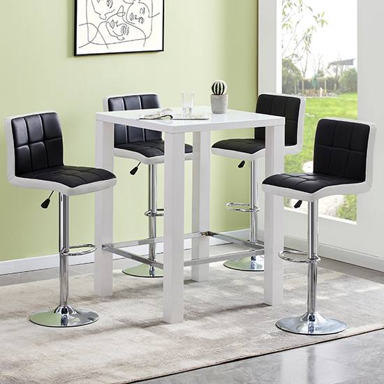 Product photograph of Jam Square Glass White Gloss Bar Table 4 Copez Black Stools from Furniture in Fashion