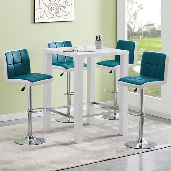 Jam Square Glass White Gloss Bar Table 4 Copez Teal Stools