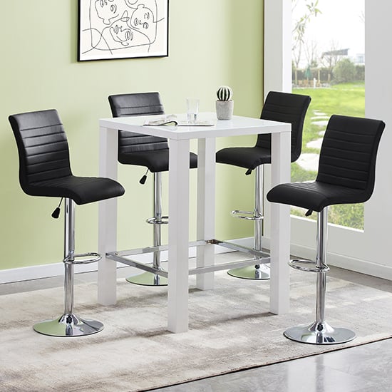 Read more about Jam square glass white gloss bar table 4 ripple black stools