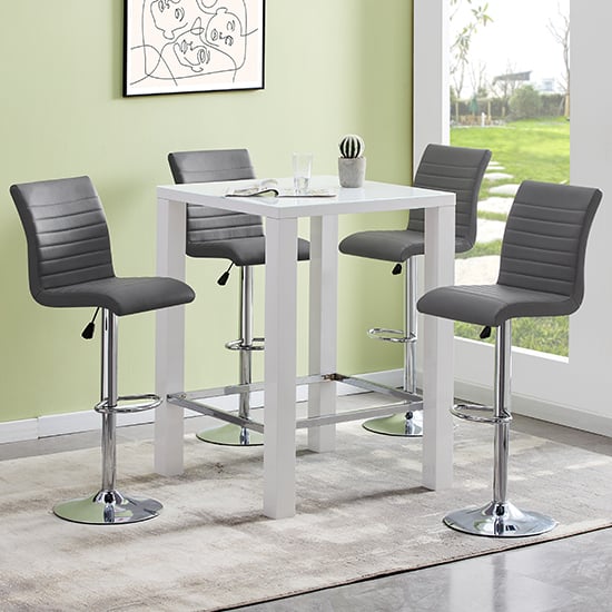 Read more about Jam square glass white gloss bar table 4 ripple grey stools