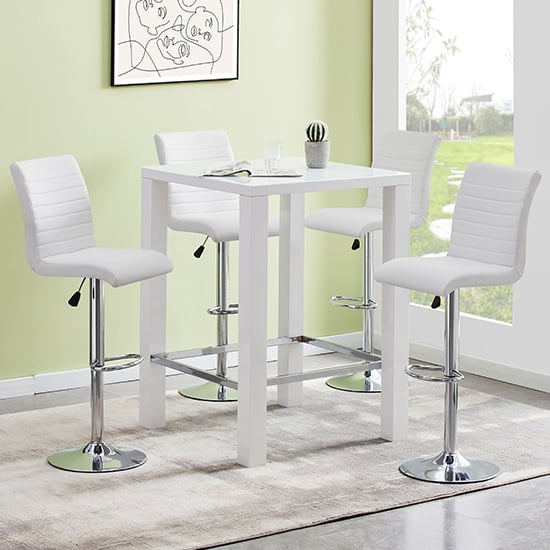 Jam Square White Glass Bar Table With 4 Ripple White Stools