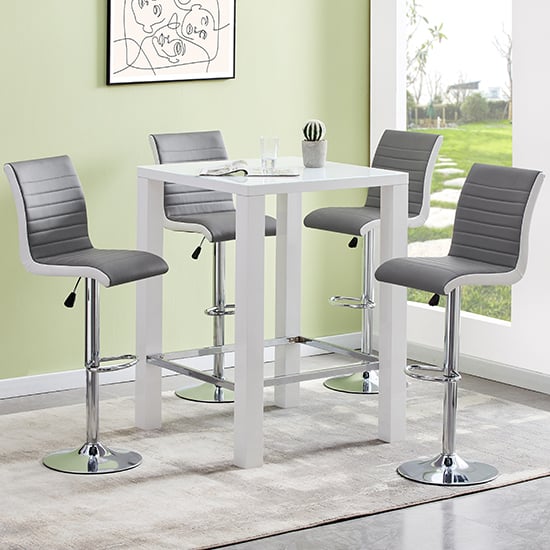 Photo of Jam square glass white gloss bar table 4 ritz grey white stools