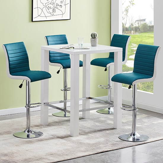 Jam Square White Glass Bar Table With 4 Ritz Teal White Stools