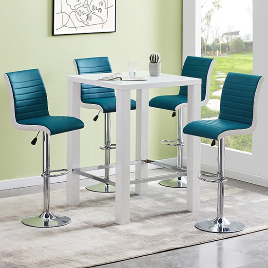 Photo of Jam square glass white gloss bar table 4 ritz teal white stools