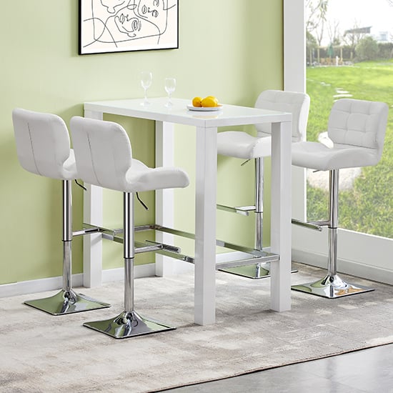 Jam White Gloss Glass Bar Table With 4 Candid White Stools