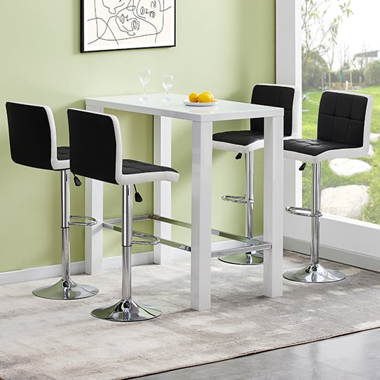 Jam White Gloss Glass Bar Table With 4 Copez Black White Stools