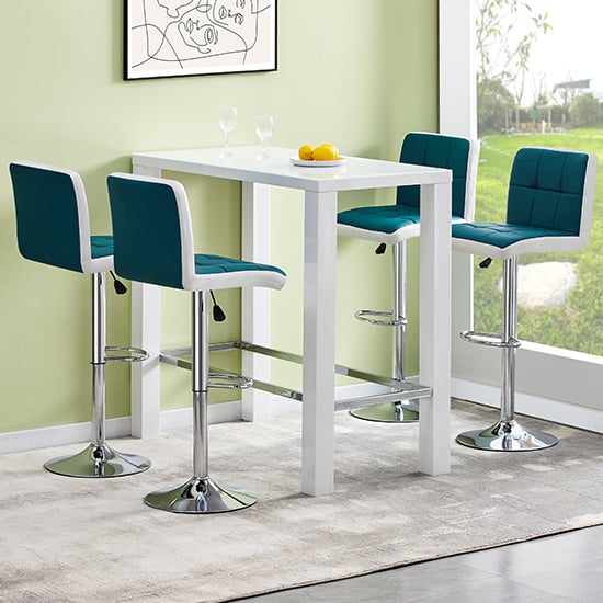 Jam Rectangular Glass White Bar Table 4 Copez Teal Stools