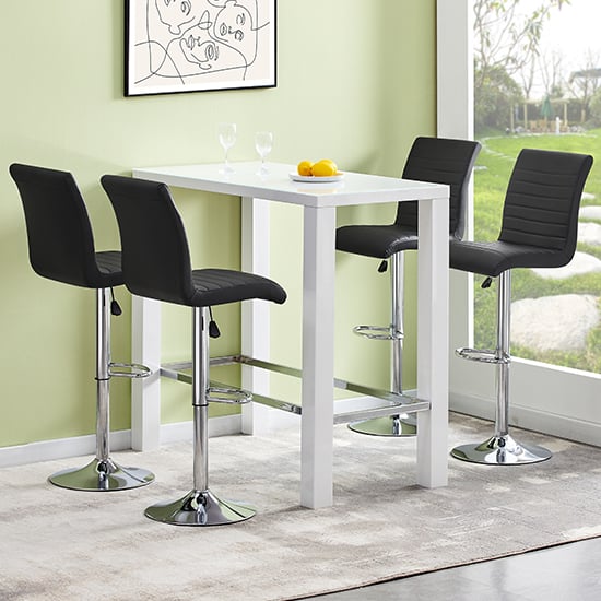 Photo of Jam rectangular glass white bar table 4 ripple black stools