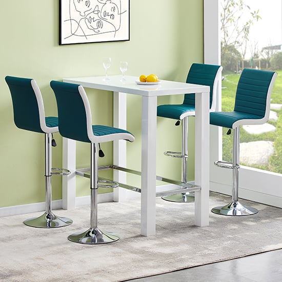 Jam Rectangular Glass White Bar Table 4 Ritz Teal White Stools