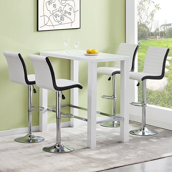 Jam Rectangular Glass White Bar Table 4 Ritz White Black Stools