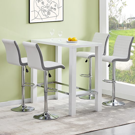 Photo of Jam rectangular glass white bar table 4 ritz white grey stools