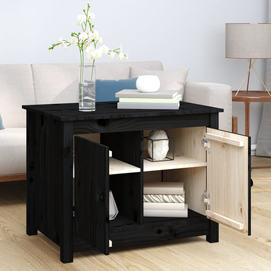 Janie Pine Wood Coffee Table With 2 Doors In Black